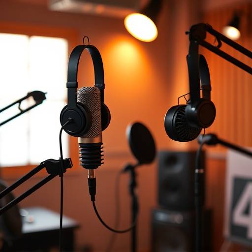 Podcast recording setup with microphones and headphones